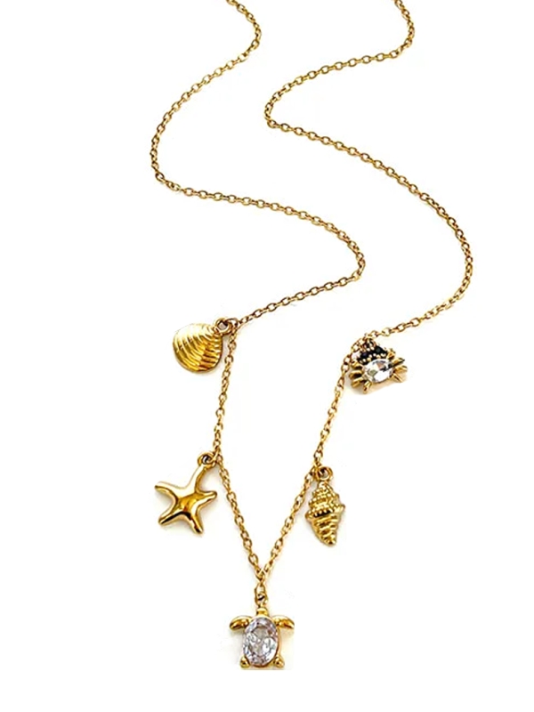 Collier Doré Tendance Breloques Mer et Tortue Cristal en Acier Inoxydable