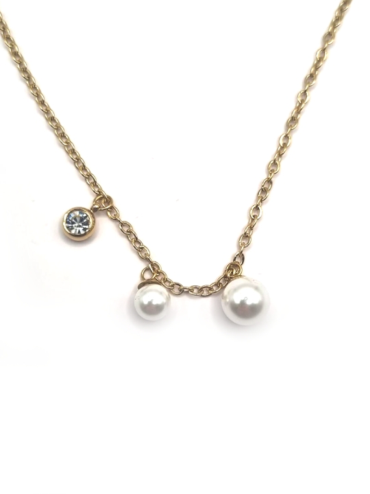 Collier Perles & Strass Doré – Élégance Discrète en Acier Inoxydable