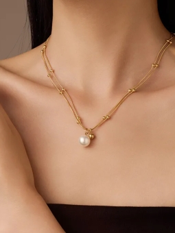Collier Double Rang Doré & Perle – Élégance Raffinée en Acier Inoxydable