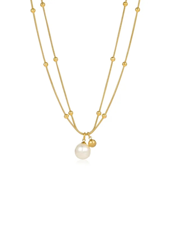 Collier Double Rang Doré & Perle – Élégance Raffinée en Acier Inoxydable