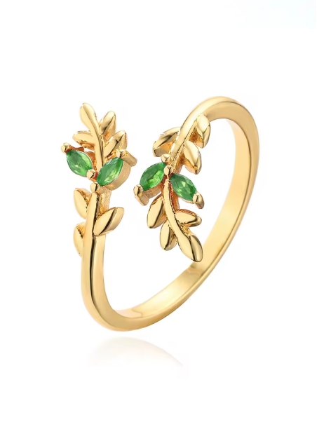 Bague Feuilles Dorées & Strass Verts – Élégance Végétale