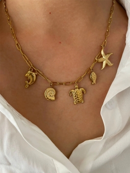 Collier Charms Doré – Trésors Marins & Chaîne Maille Rectangle