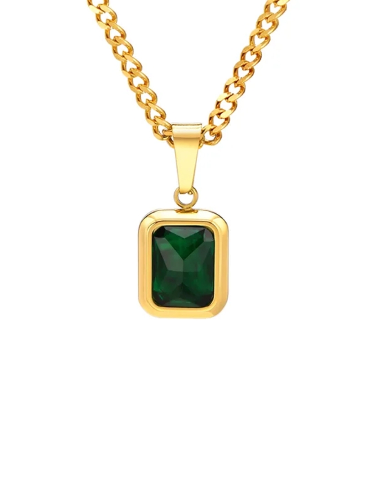 Collier Doré en Acier Inoxydable & Pierre Verte Rectangulaire
