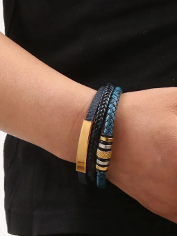 Bracelet homme cuir tressé bleu & acier doré – style urbain 20 cm