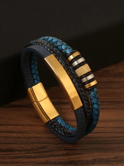 Bracelet homme cuir tressé bleu & acier doré – style urbain 20 cm