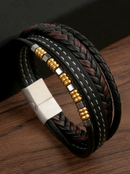 Bracelet Homme Noir & Marron en Similicuir – Multi-Lanières avec Perles Métalliques