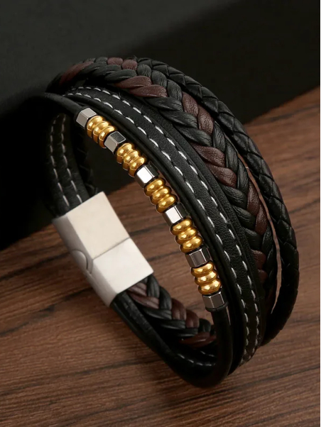 Bracelet Homme Noir & Marron en Similicuir – Multi-Lanières avec Perles Métalliques