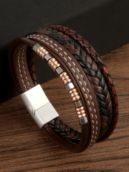 Bracelet Homme Marron Multi-Brins en Similicuir – Détails Cuivrés et Fermoir Acier