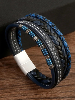 Bracelet Homme Bleu & Noir Multi-Brins – Perles Métalliques Bleues et Fermoir Acier