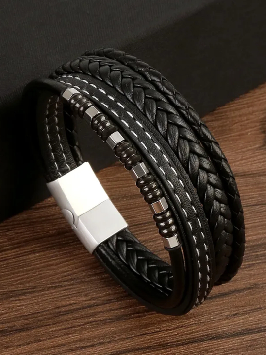 Bracelet Homme Noir Multi-Brins – Perles Métalliques Noires & Fermoir Acier