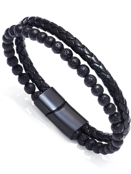 Bracelet Homme Noir – Perles de Lave & Similicuir Tressé avec Fermoir Aimanté
