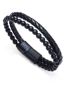 Bracelet Homme Noir – Perles Mattes & Similicuir Tressé avec Fermoir Aimanté