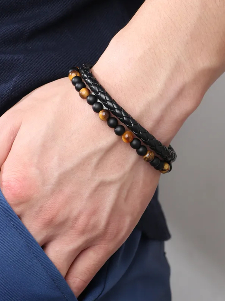 Bracelet Homme Noir – Perles Œil de Tigre & Similicuir Tressé avec Fermoir Aimanté