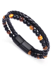 Bracelet Homme Noir – Perles Œil de Tigre & Similicuir Tressé avec Fermoir Aimanté