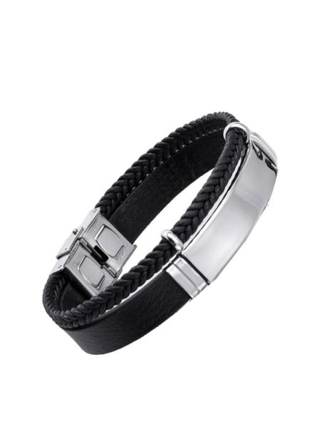 Bracelet homme noir tressé & acier inoxydable argenté – Élégance sobre 20 cm