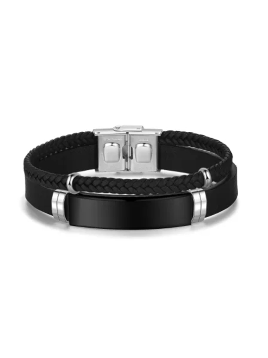 Bracelet homme noir & acier inoxydable – Similicuir tressé 20 cm