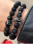 Bracelet Homme Double Couronne – Perles Noires Volcaniques & Onyx Mat