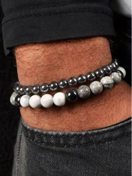Bracelet Homme Double Rang – Perles Hématite, Howlite & Onyx