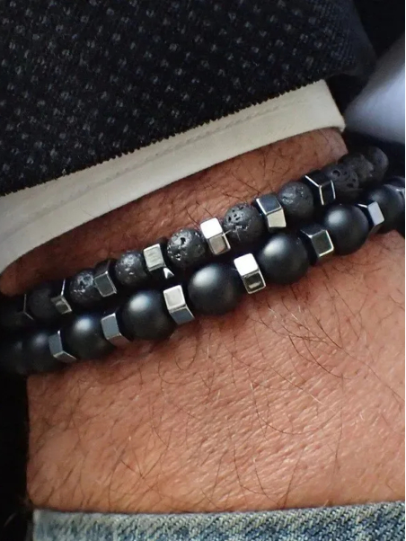 Bracelet Homme Double Rang – Perles Noires & Cubes Acier