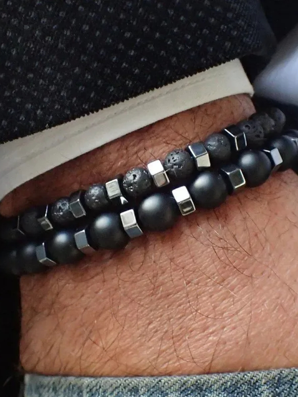 Bracelet Homme Double Rang – Perles Noires & Cubes Acier