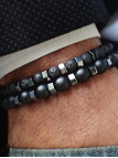 Bracelet Homme Double Rang – Perles Noires & Cubes Acier