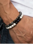 Bracelet Homme Double Rang – Pierres Naturelles Blanches & Noires avec Croix Noire