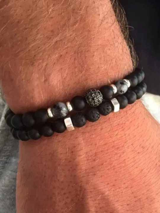 Bracelet Homme Double Rang Noir & Argent – Perles Naturelles et Détails Strass
