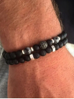 Bracelet Homme Double Rang Noir & Argent – Perles Naturelles et Détails Strass
