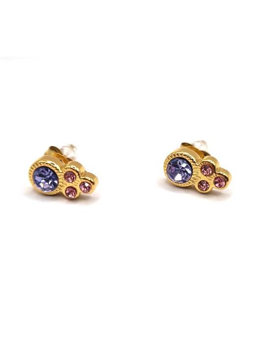 Boucles d’Oreilles Dorées avec Cristaux Violet & Rose – Charme Coloré et Élégance Délicate