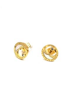 Boucles d’Oreilles Rondes Dorées à Cœurs Gravés et Nacre Blanche – Élégance & Douceur