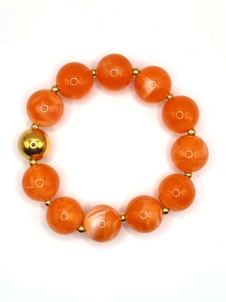 Bracelet Perles Orange Marbrées 15 mm avec Perle Dorée – Énergie & Bonne Humeur