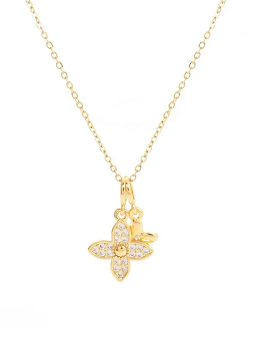 Collier Fleur Pavée & Charm – Doré en Acier Inoxydable