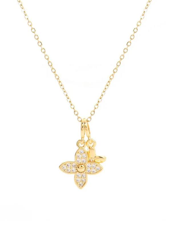 Collier Fleur Pavée & Charm – Doré en Acier Inoxydable