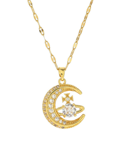 Collier Doré en Acier Inoxydable – Lune Scintillante & Cristal Étincelant