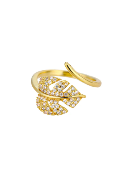 Bague Feuille Sertie de Cristaux en Plaqué Or 18k – Bague Ouverte Ajustable Élégante