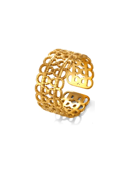 Bague Large Ajourée Dorée en Acier Inoxydable – Bague Ouverte Design Graphique