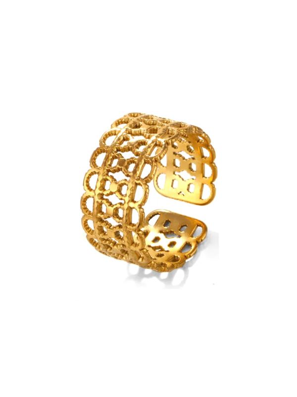 Bague Large Ajourée Dorée en Acier Inoxydable – Bague Ouverte Design Graphique