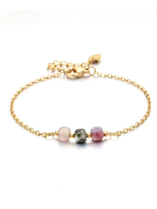 Bracelet Chaîne Doré en Acier Inoxydable avec Pierres Naturelles Multicolores