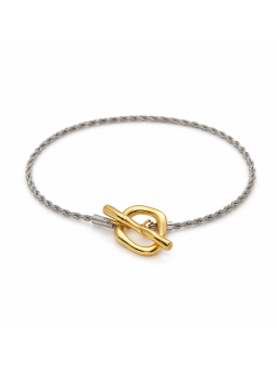 Bracelet Câble Bicolore en Acier Inoxydable et Plaqué Or 18K – Fermoir T Doré Design Moderne