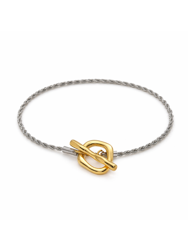 Bracelet Câble Bicolore en Acier Inoxydable et Plaqué Or 18K – Fermoir T Doré Design Moderne
