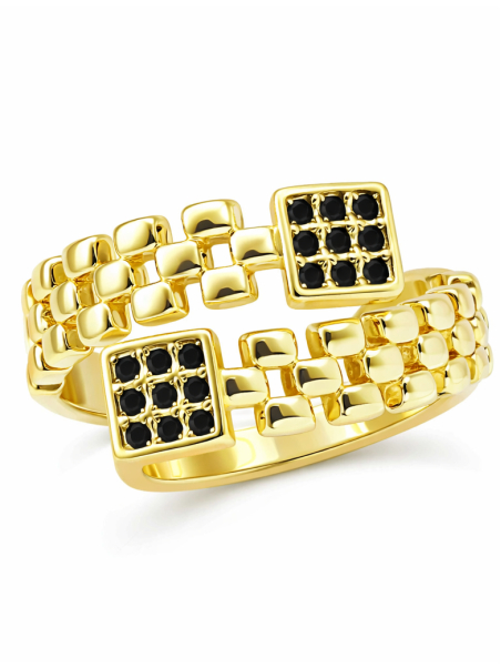 Bague ajustable carrée à cristaux noirs – plaqué or 18K