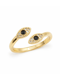 Bague œil protecteur double pierre noire dorée plaquée or 18K ajustable