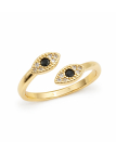 Bague œil protecteur double pierre noire dorée plaquée or 18K ajustable
