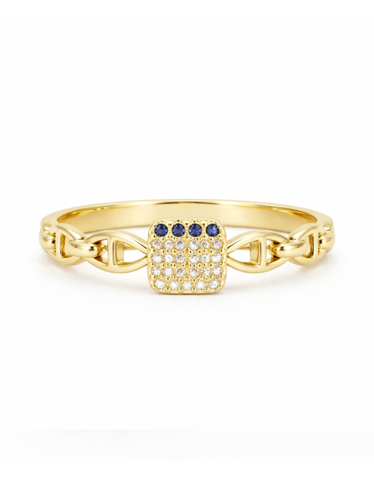 Bague Chaîne dorée plaquée or 18K avec pavé de pierres bleues – Design moderne et éclat précieux