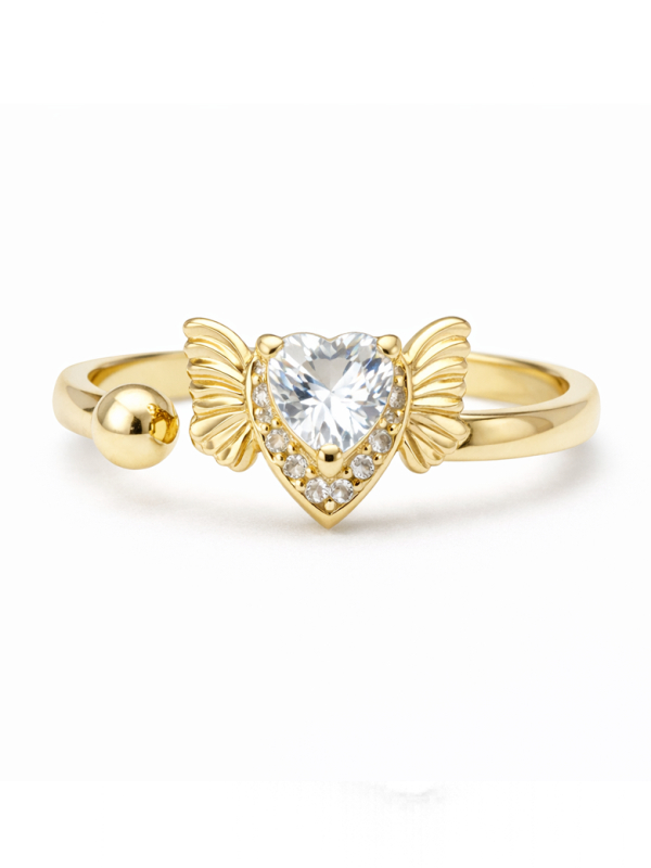 Bague ajustable cœur ailé plaquée or 18K – Symbole d’amour et de liberté