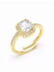 Bague ouverte dorée plaqué or 18K avec pierre centrale carrée et halo scintillant – Anneau ajustable élégant