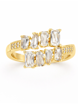 Bague dorée plaqué or 18K à double rangée de pierres rectangulaires – Anneau élégant et lumineux