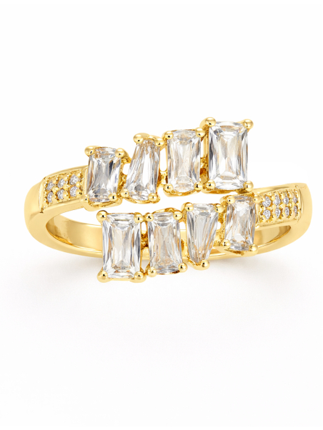 Bague dorée plaqué or 18K à double rangée de pierres rectangulaires – Anneau élégant et lumineux
