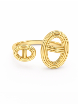 Bague ouverte dorée en acier inoxydable à doubles anneaux ovales – Design graphique et moderne