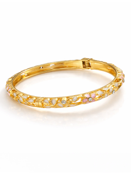 Bracelet jonc doré en acier inoxydable 55 mm – Motifs floraux émaillés et strass délicats